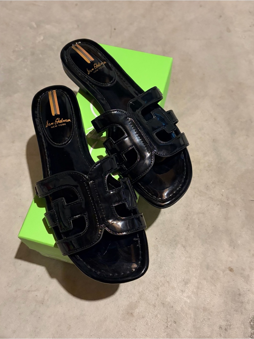 Sam Edelman Black Patent Slide Sandals with Cutout Detail